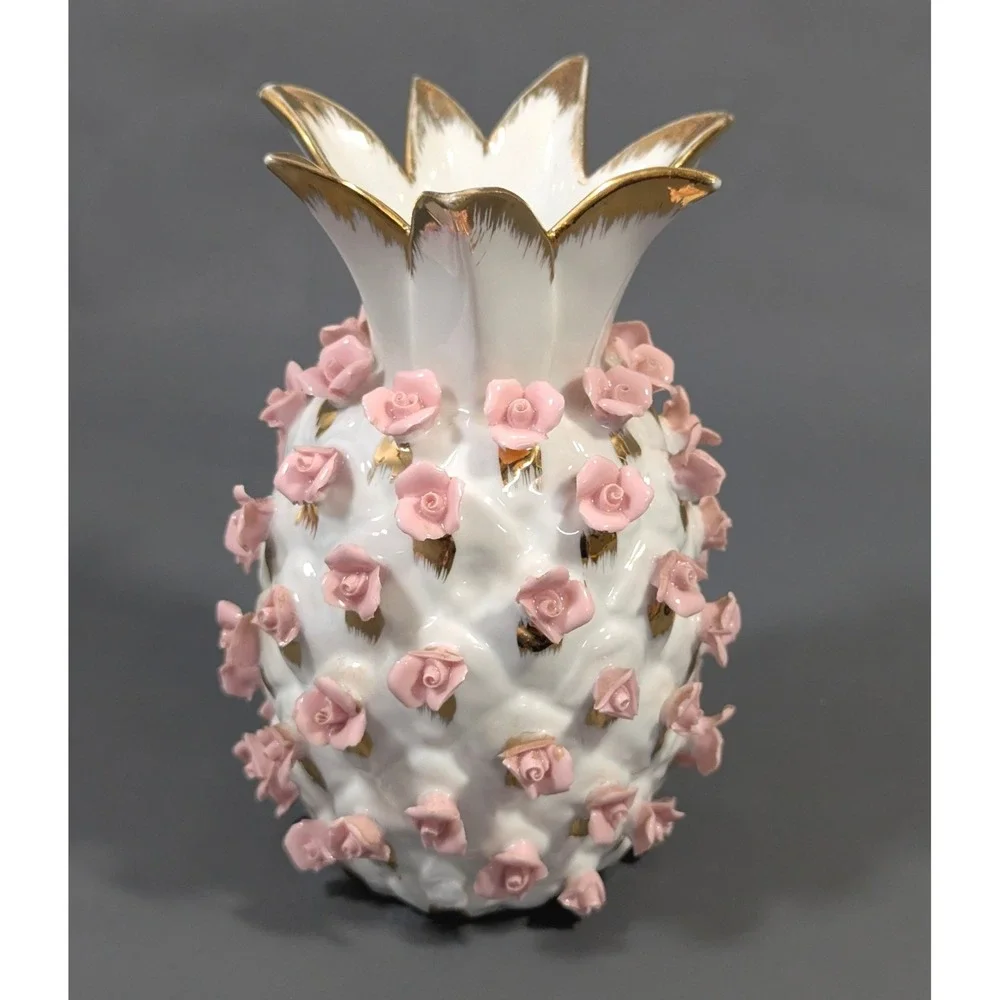 Lefton China K7233 Pineapple Vase Pink Applied Roses Gold Trim Porcelain 5.5